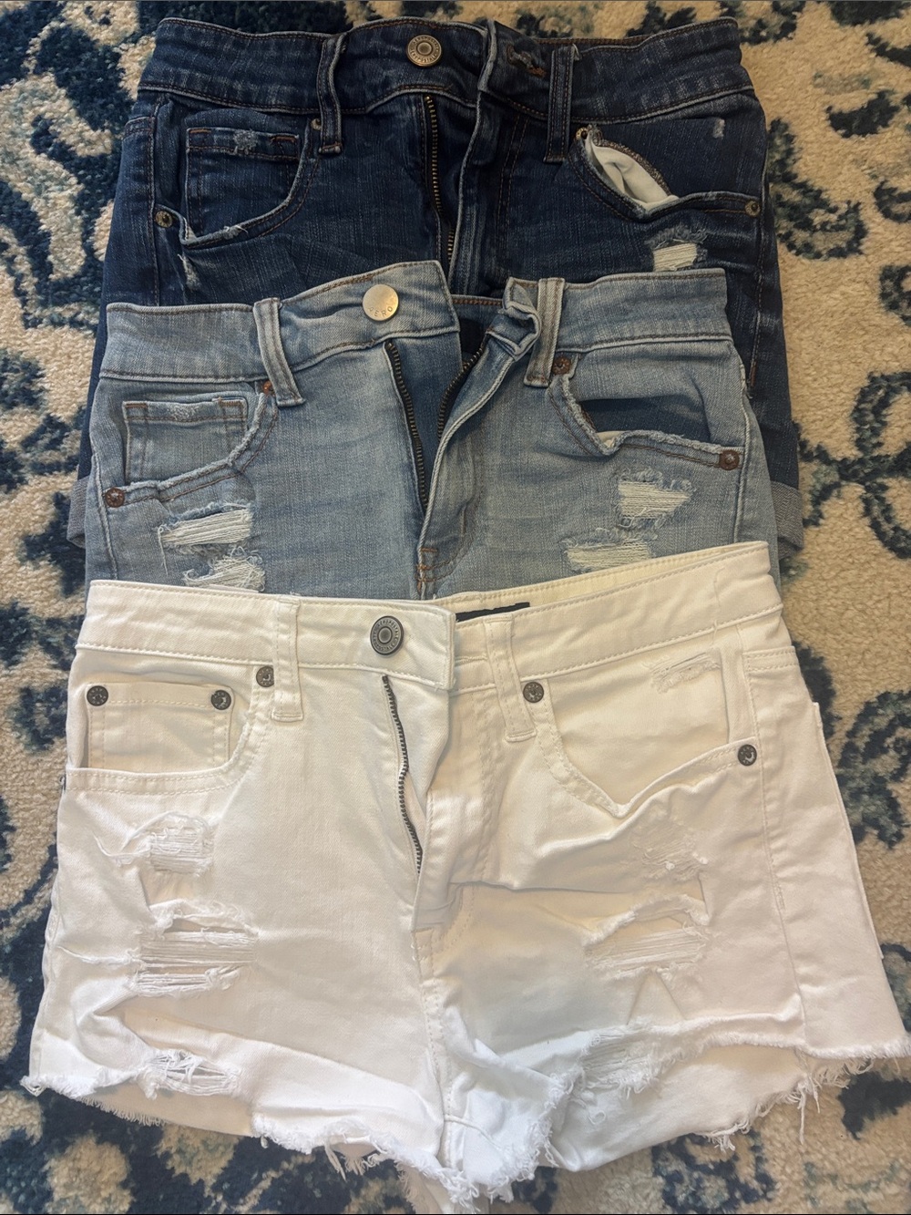 Triple Pack Distressed Denim Shorts - White, Light Blue, Dark Blue